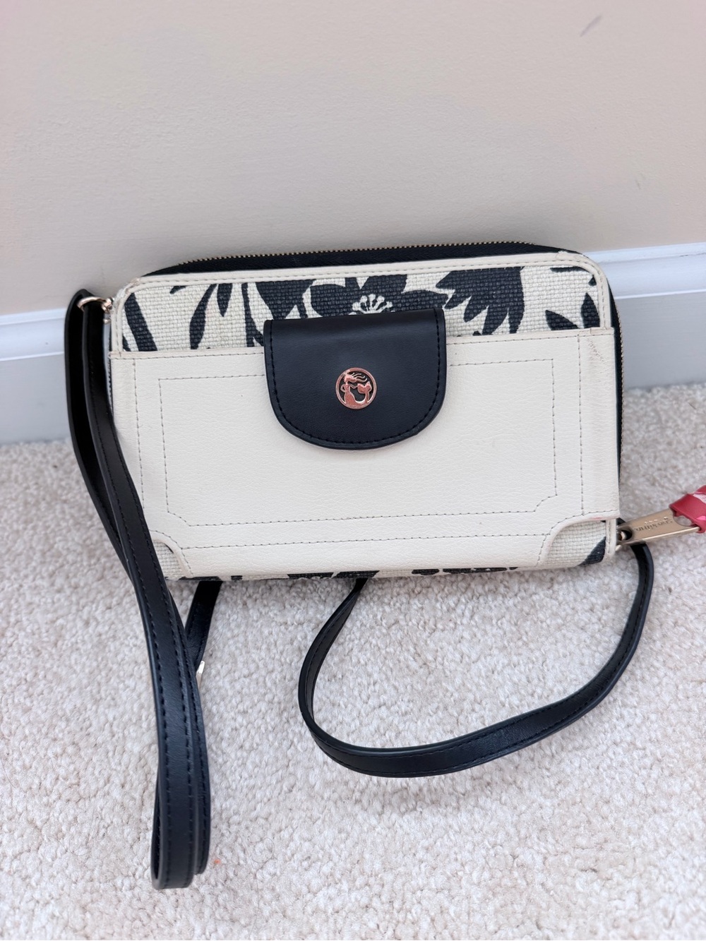 Spartina 449 Multi-Phone Genuine Leather Cream and Black Floral Crossbody Wallet